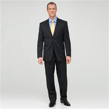 Charcoal Single Pleat Striped Wool Suit, , large